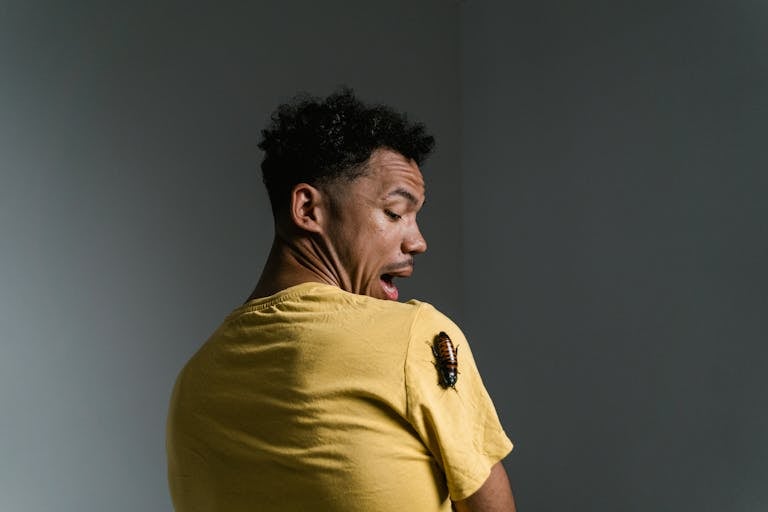 A man in a yellow shirt looks scared as a cockroach sits on his shoulder.