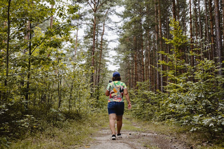 A person walking through a forest path in Saxony, Germany, enjoying a summer hike.